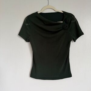 Y2K Sheer Dark Green Rosette Draped Cowl Neck Mesh Sleeve Blouse XL